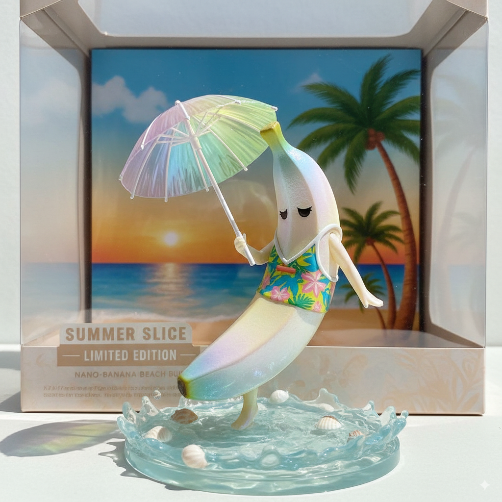beach-themed nano-banana, 1:7 scale swimsuit figure, aqueous effect base, see-through parasol accessory, iridescent skin texture, special edition packaging